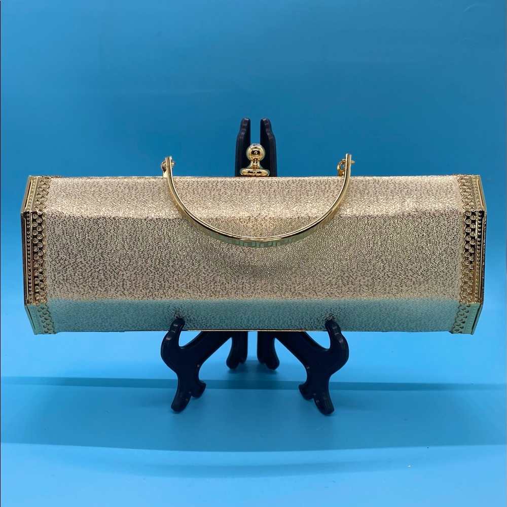 Vintage Embellished Gold Hard Shell Evening Clutch w Metal Handle & Gold Chain